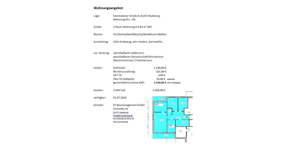 Etagenwohnung Radeburg - 2 Zimmer, 85 m&sup2;, 1.190&euro; | Angebot:25544758