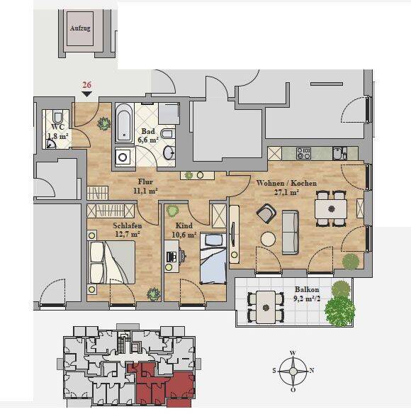 Etagenwohnung Dresden Leubnitz-Neuostra - 3 Zimmer, 74 m&sup2;, 1.265&euro; | Angebot:26489403