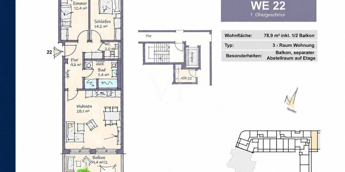 Etagenwohnung Dresden Südvorstadt-West - 3 Zimmer, 78 m&sup2;, 551.500&euro; | Angebot:26685194