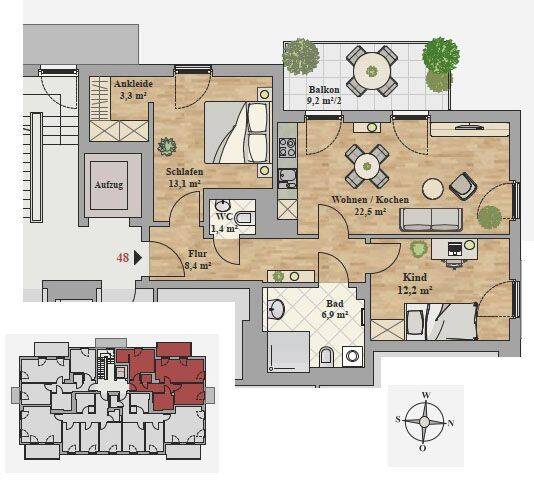 Etagenwohnung Dresden Leubnitz-Neuostra - 3 Zimmer, 72 m&sup2;, 1.265&euro; | Angebot:26489404