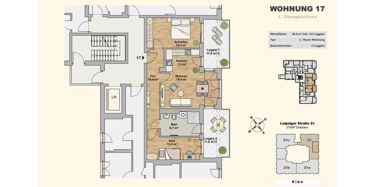 Etagenwohnung Dresden Neustadt - 3 Zimmer, 85 m&sup2;, 1.440&euro; | Angebot:25989857