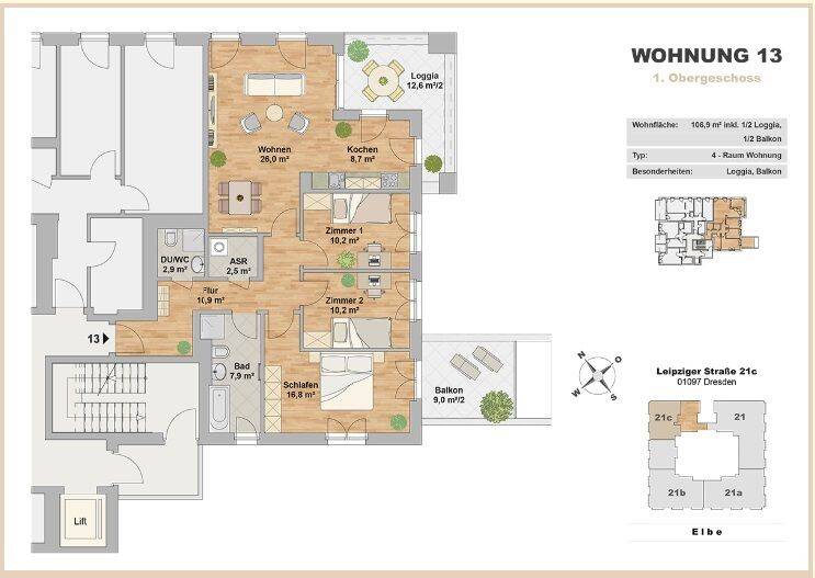Etagenwohnung Dresden Leipziger Vorstadt - 4 Zimmer, 106 m&sup2;, 1.925&euro; | Angebot:26455199