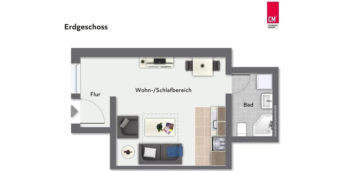 Erdgeschoßwohnung Dresden Klotzsche - 1 Zimmer, 29 m&sup2;, 495&euro; | Angebot:25181809