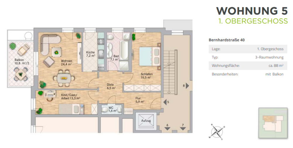 Etagenwohnung Dresden Südvorstadt-West - 3 Zimmer, 87 m&sup2;, 430.000&euro; | Angebot:26244491