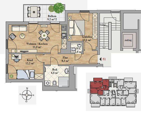 Etagenwohnung Dresden Leubnitz-Neuostra - 3 Zimmer, 68 m&sup2;, 1.170&euro; | Angebot:26489407