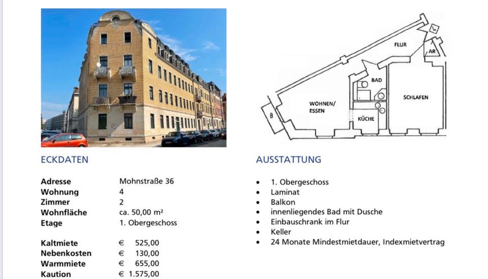 Etagenwohnung Dresden Neustadt - 2 Zimmer, 50 m&sup2;, 525&euro; | Angebot:26442014