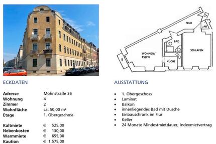 Wohnung Dresden Neustadt - 2 Zimmer, 50 m&sup2;, 525&euro; | Angebot:26442014