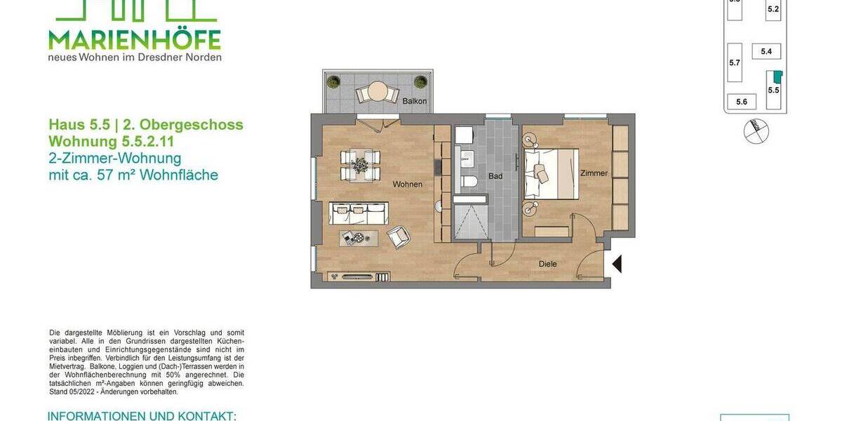 Etagenwohnung Dresden Albertstadt - 2 Zimmer, 57 m&sup2;, 721&euro; | Angebot:26917287