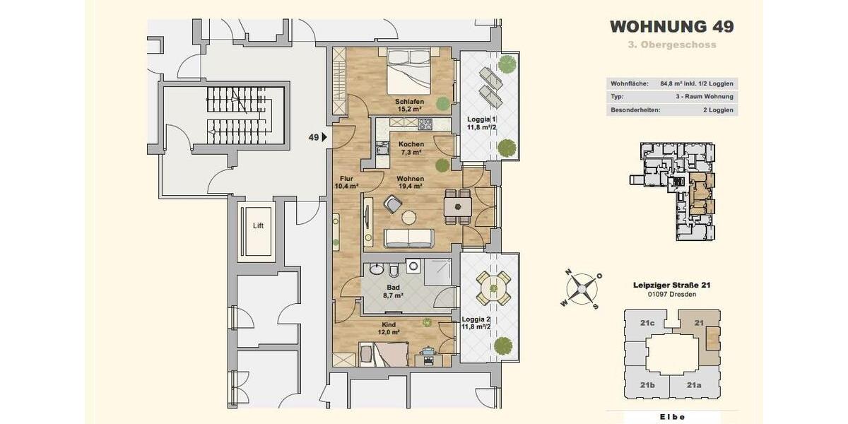 Etagenwohnung Dresden Neustadt - 3 Zimmer, 85 m&sup2;, 1.355&euro; | Angebot:25989844