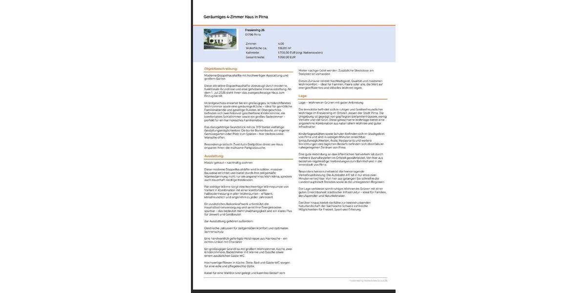 Doppelhaushälfte Pirna - 5 Zimmer, 136 m&sup2;, 1.700&euro; | Angebot:24743663