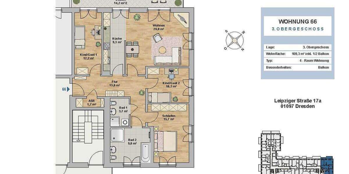 Etagenwohnung Dresden Leipziger Vorstadt - 4 Zimmer, 109 m&sup2;, 2.300&euro; | Angebot:25682478