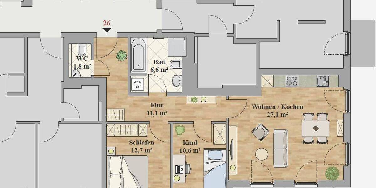 Etagenwohnung Dresden Leubnitz-Neuostra - 3 Zimmer, 74 m&sup2;, 1.265&euro; | Angebot:26501139