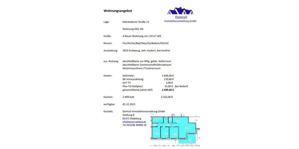 Etagenwohnung Radeburg - 4 Zimmer, 119 m&sup2;, 1.666&euro; | Angebot:23871760
