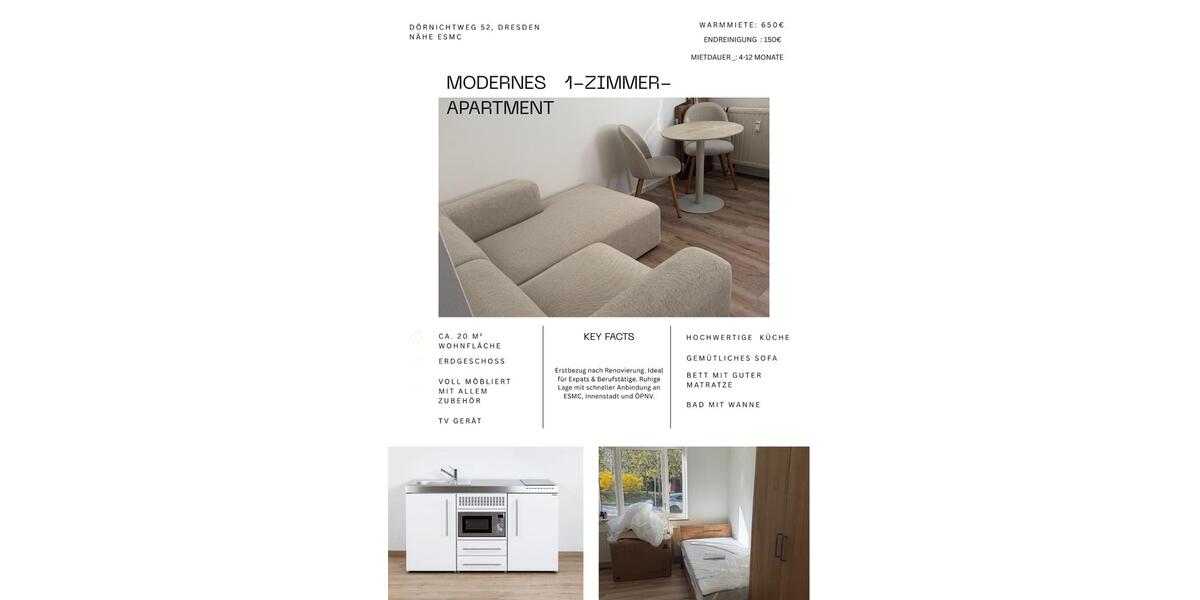 Erdgeschoßwohnung Dresden Klotzsche - 1 Zimmer, 20 m&sup2;, 650&euro; | Angebot:26229629