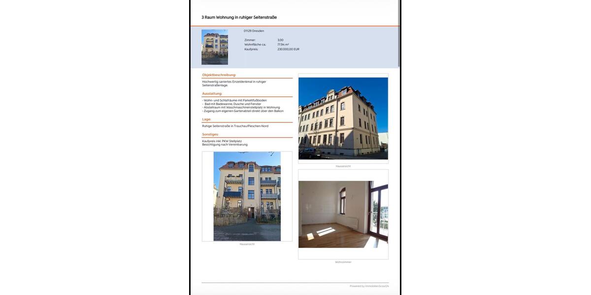 Hochparterre Dresden Pieschen - 3 Zimmer, 78 m&sup2;, 230.000&euro; | Angebot:27191491