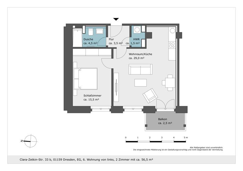 Erdgeschoßwohnung Dresden Cotta - 2 Zimmer, 56 m&sup2;, 806&euro; | Angebot:26684548