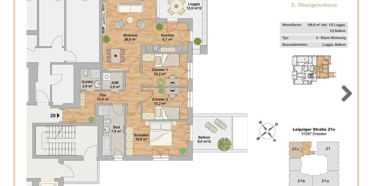 Etagenwohnung Dresden Leipziger Vorstadt - 4 Zimmer, 106 m&sup2;, 1.925&euro; | Angebot:26476311