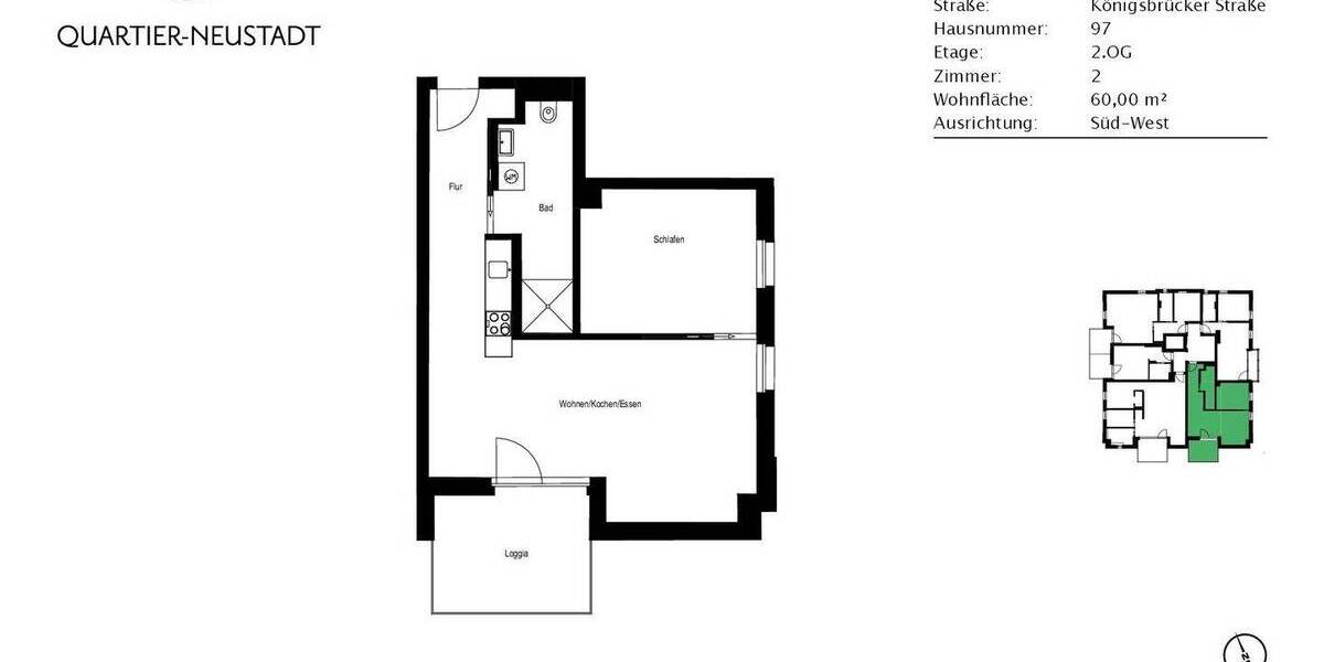 Etagenwohnung Dresden Äußere Neustadt - 2 Zimmer, 59 m&sup2;, 950&euro; | Angebot:26902817
