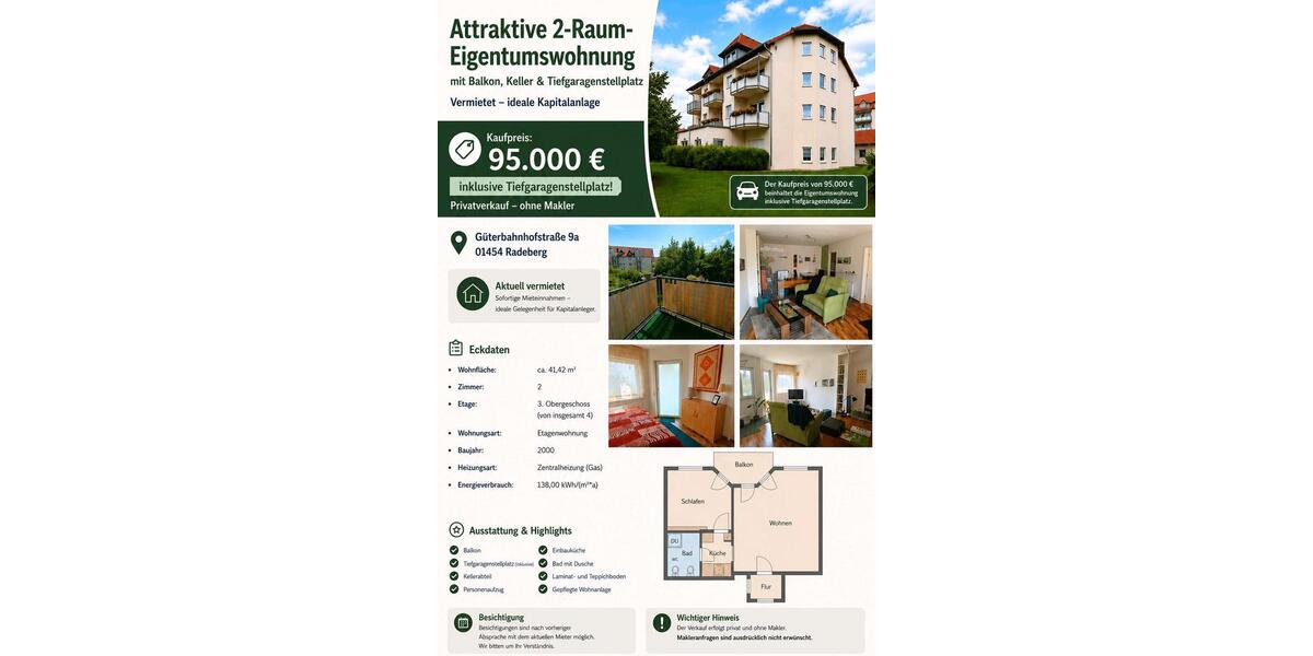 Etagenwohnung Radeberg - 2 Zimmer, 41 m&sup2;, 95.000&euro; | Angebot:27193301