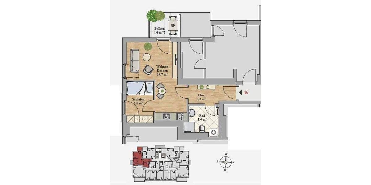 Etagenwohnung Dresden Leubnitz-Neuostra - 1 Zimmer, 39 m&sup2;, 675&euro; | Angebot:26912896