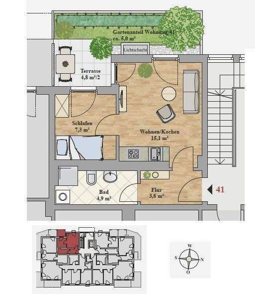 Terrassenwohnung Dresden Leubnitz-Neuostra - 1 Zimmer, 33 m&sup2;, 550&euro; | Angebot:26920811