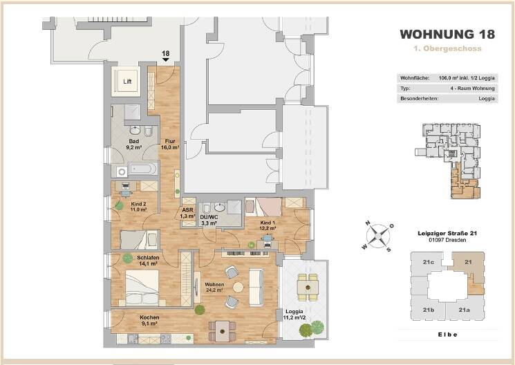Etagenwohnung Dresden Leipziger Vorstadt - 4 Zimmer, 106 m&sup2;, 2.120&euro; | Angebot:26455176