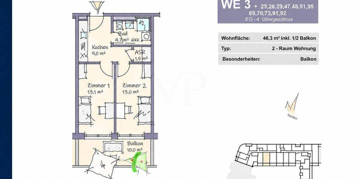 Etagenwohnung Dresden Südvorstadt-West - 2 Zimmer, 46 m&sup2;, 338.900&euro; | Angebot:26685192