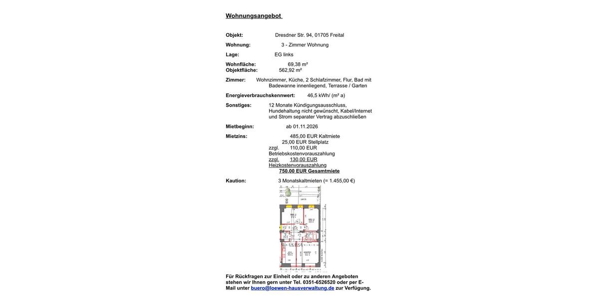 Erdgeschoßwohnung Freital - 3 Zimmer, 69 m&sup2;, 750&euro; | Angebot:26335112